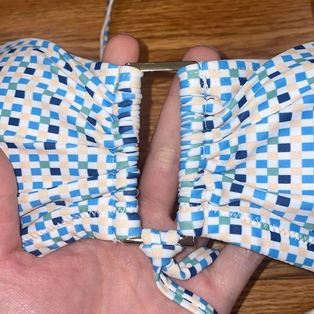 NWT mink-pink blue and white bikini top